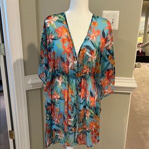 Tommy Bahama Blue and Orange Floriana Swim Tunic, L/XL, NWT